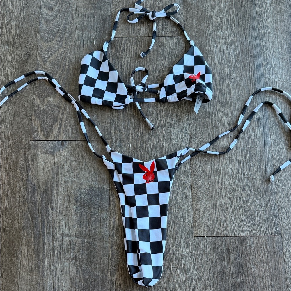PLAYBOY Black and White Checkerboard thong Bikini